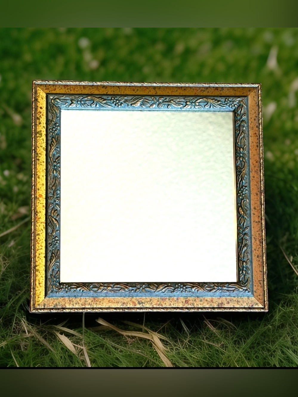 Vtg Ornate Square Wall Mirror Gold Verdigris Floral Scrollwork Frame 9.5in - Picture 16 of 16